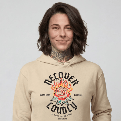 Recover Loudly Women's Custom Sobriety Date Recovery Hoodie side view (view 26)