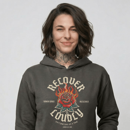 Recover Loudly Women's Custom Sobriety Date Recovery Hoodie flat lay styled image (view 13)