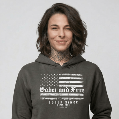 Sober and Free Custom Sobriety Date Recovery Hoodie flat lay styled image (view 13)