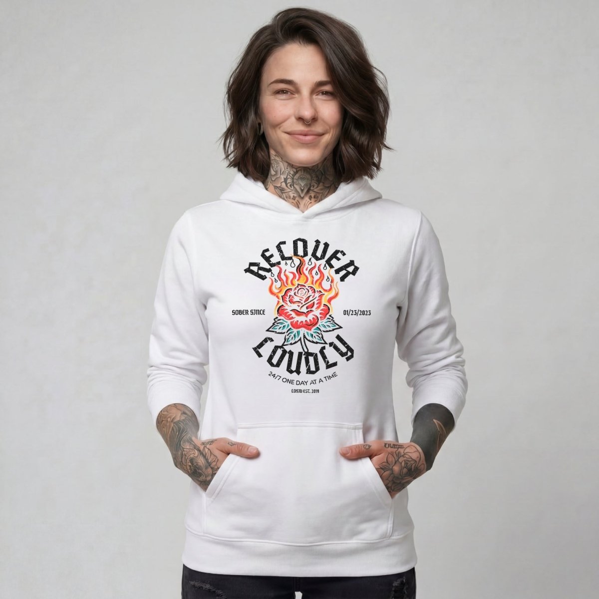 Recover Loudly Women's Custom Sobriety Date Recovery Hoodie graphic detail (view 44)