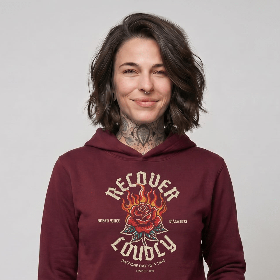 Recover Loudly Women's Custom Sobriety Date Recovery Hoodie close-up view (view 22)