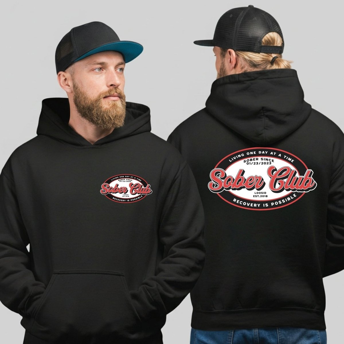 Sober Club Badge Unisex Hoodie Front and Back Print  Hoodie with Custom Sobriety Date (Front & Back)