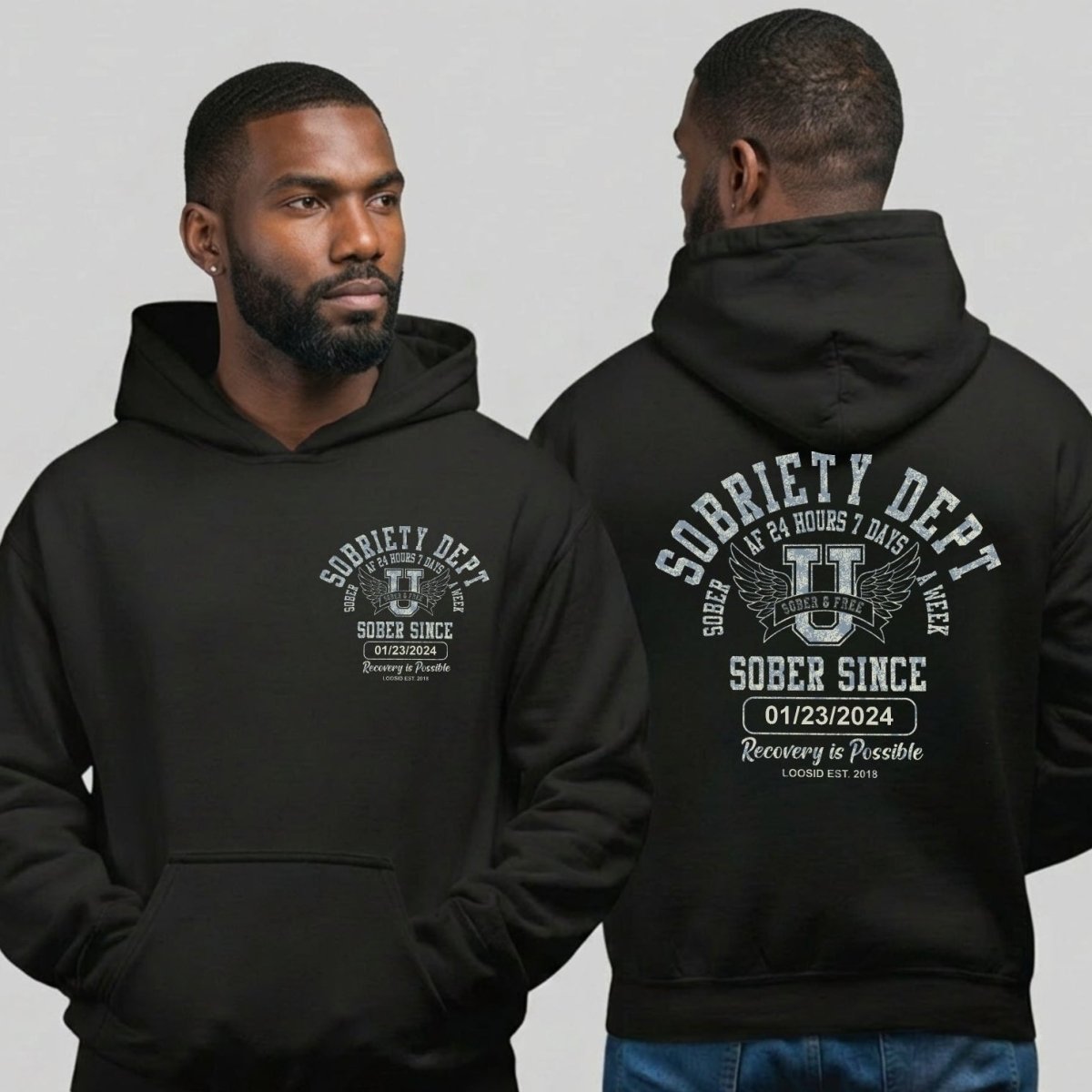 Sobriety Dept Hoodie Front and Back Print Hoodie – with Custom Sobriety Date