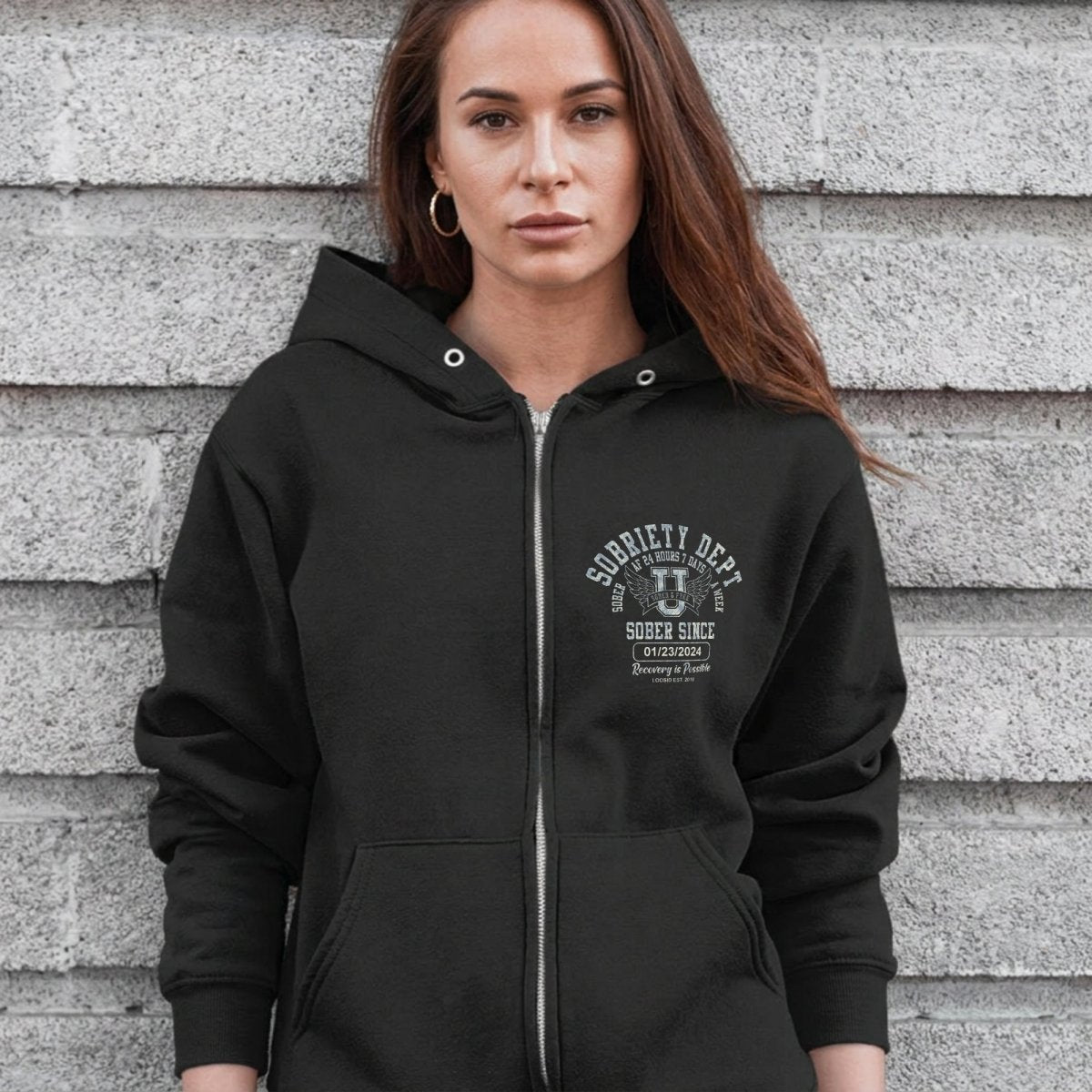 Sobriety Dept Zip Recovery Hoodie close-up view (view 2)