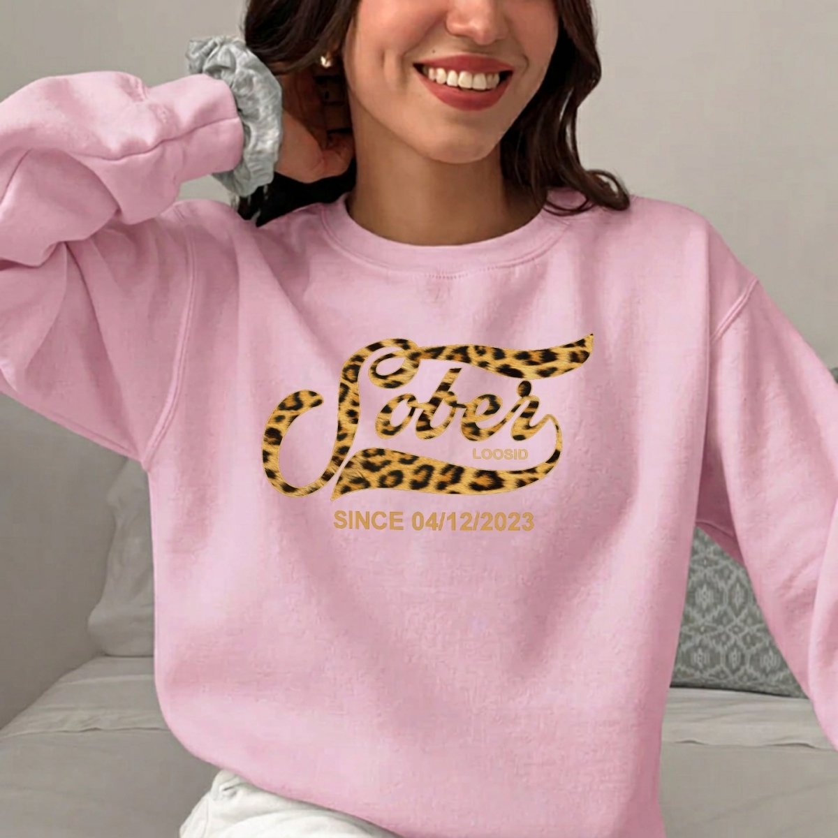 Leopard Sober Since Sweatshirt w/ Personalized Sobriety Date