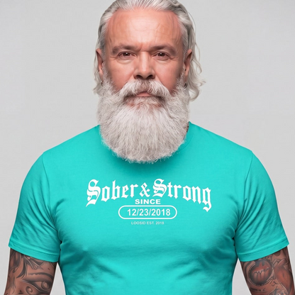 Sober T Shirt | Men's Old School Sober & Strong Tee with Personalized Sobriety Date
