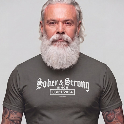 Sober T Shirt | Men's Old School Sober & Strong Tee with Personalized Sobriety Date