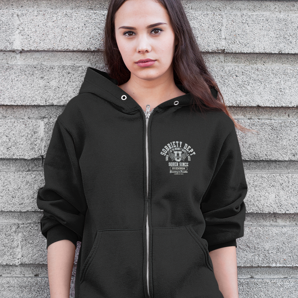 Recovery Hoodie | Sobriety Dept Zip Hoodie with Custom Date