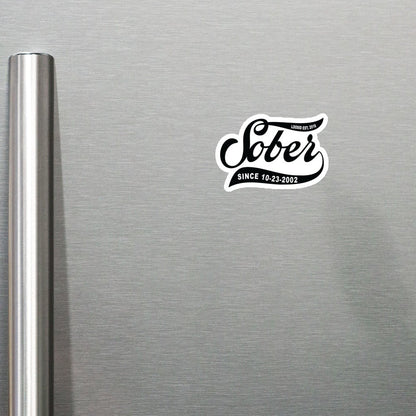 Loosid Sober Since sobriety gift magnet on a silver refrigerator with bold retro black and white script typography