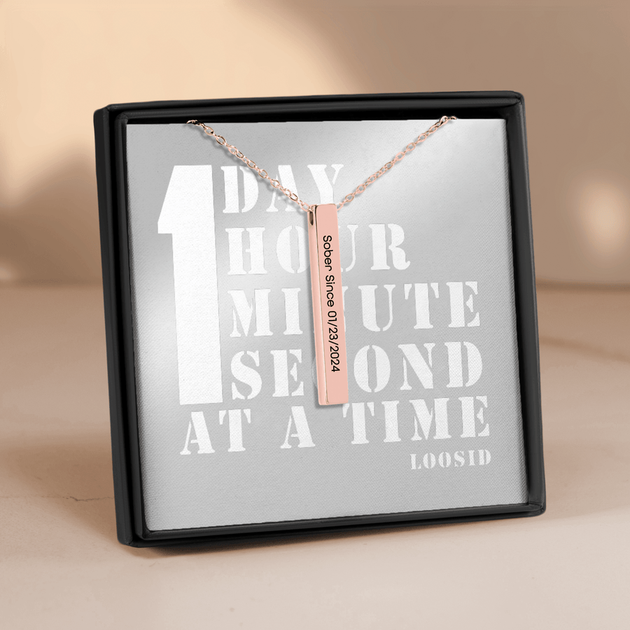 Sober Since 3D Bar Necklace w / Personalized Sober Date and Message Card
