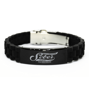 Sober Jewelry: Custom Sobriety Date Bracelet Personalized Engraved Black Bracelet Gift for Him Men "Sober Since" for Recovery – front view