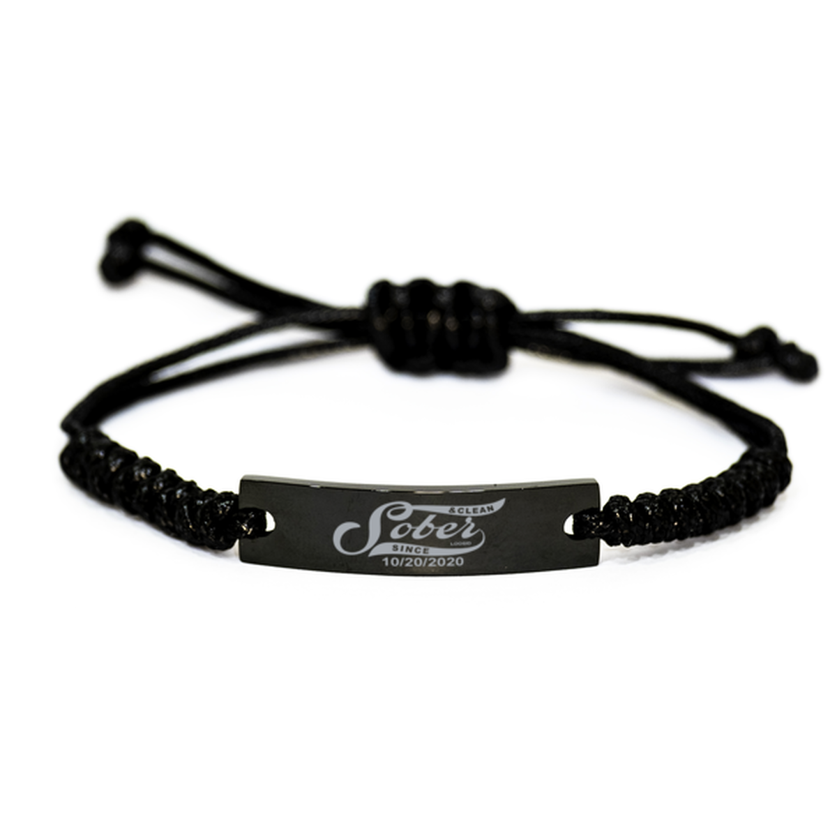 Custom Sober Jewelry: Sobriety Date Bracelet Personalized Engraved Braided Black Rope Bracelet Gift for Him Men "Sober Since" for Recovery – front view