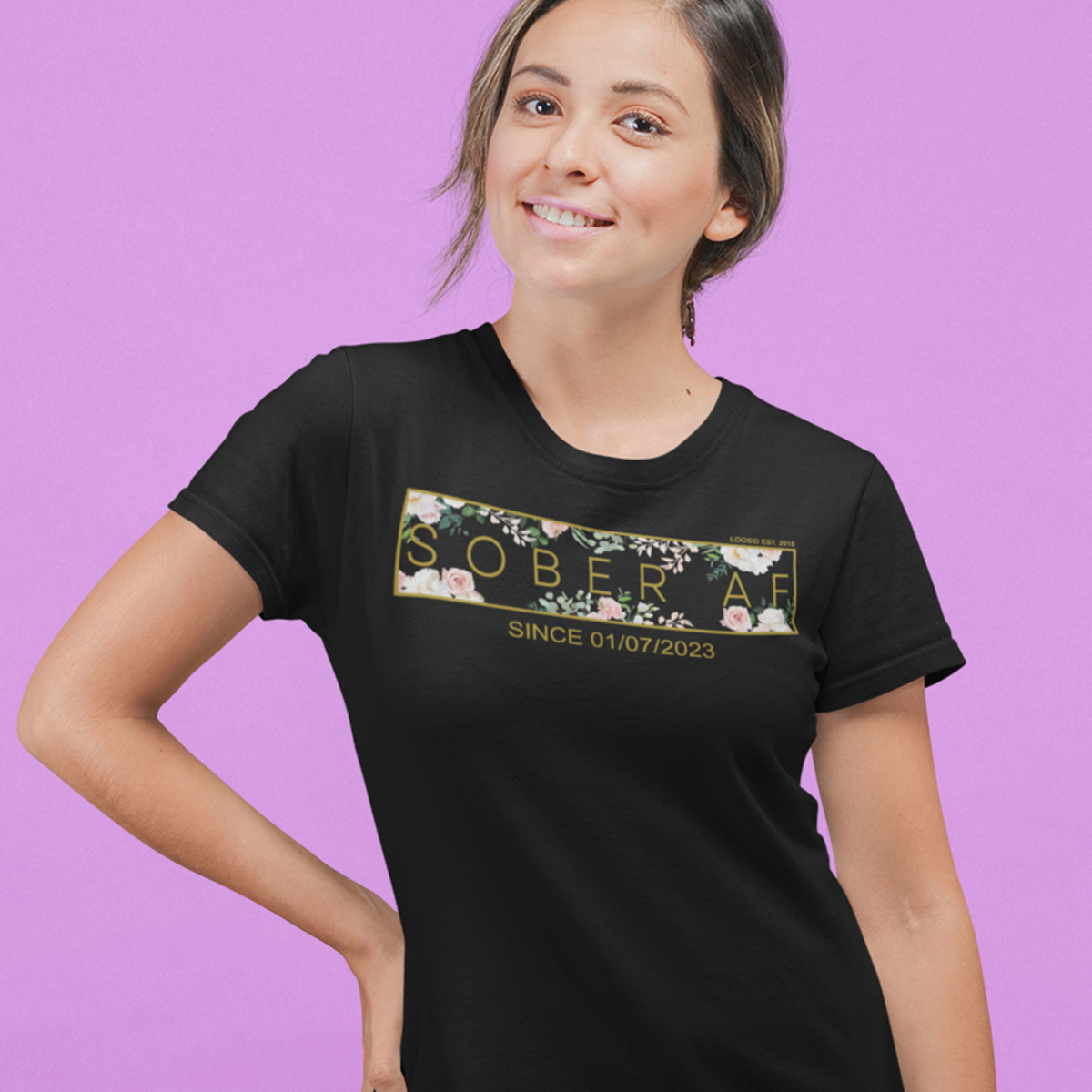 Women's Sober AF Flower Tee w/ Personalized Sobriety Date