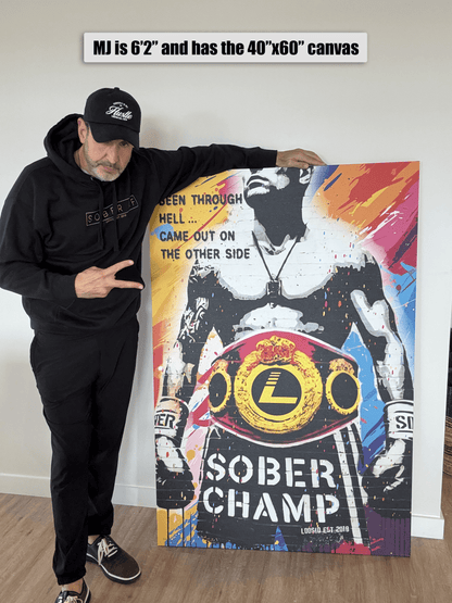 Sobriety art print showing champion figure with motivational quote