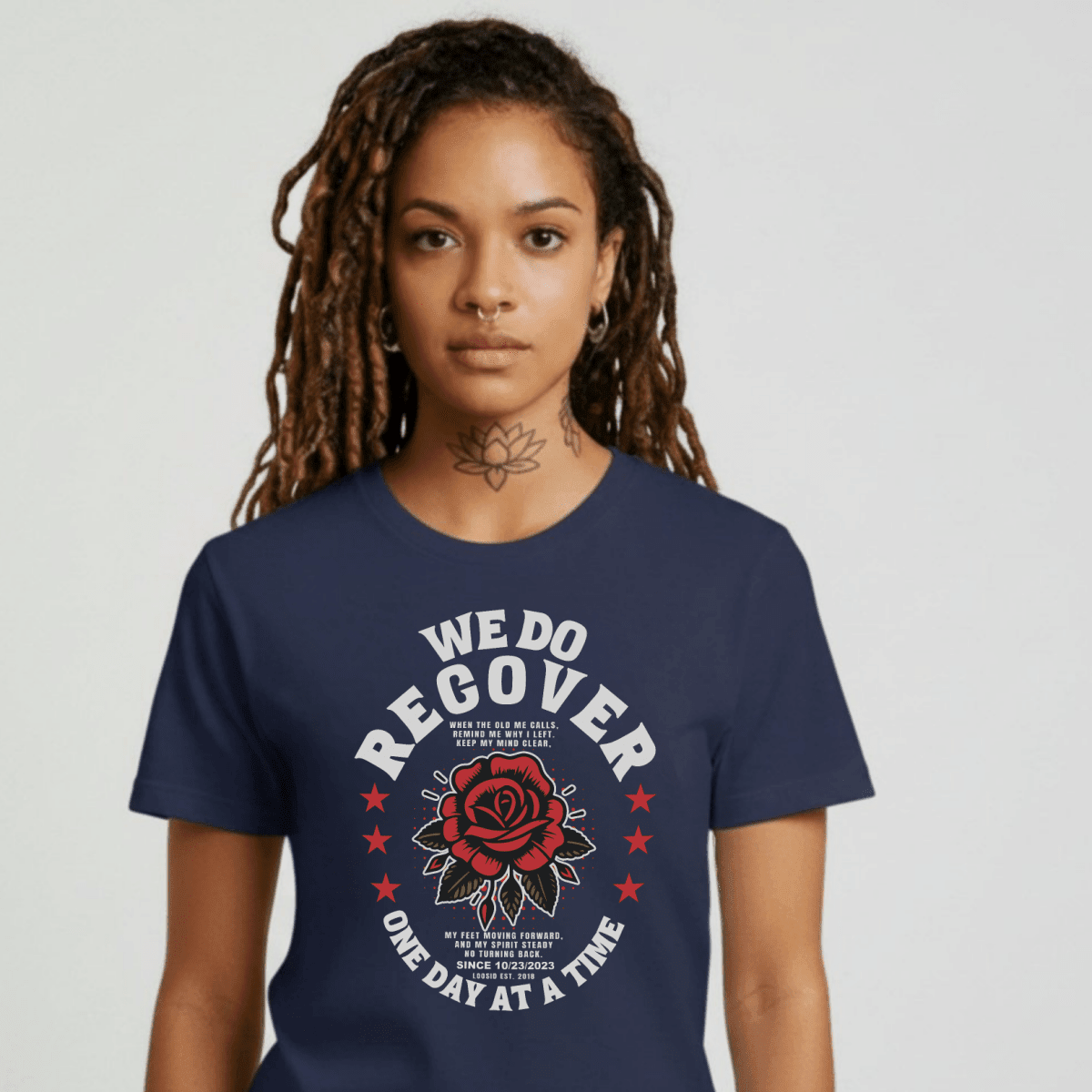 We Do Recover Sober T Shirt side view (view 6)