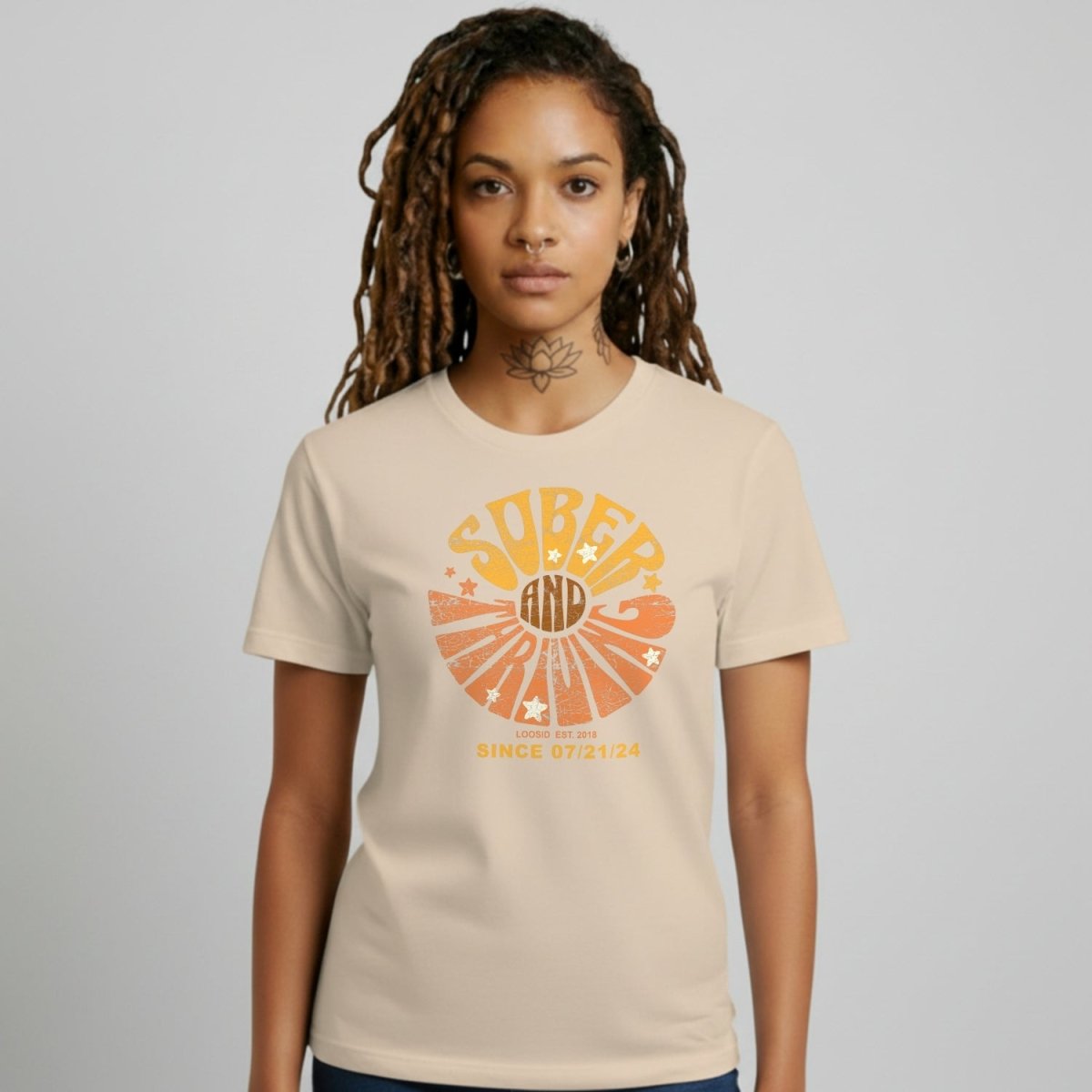 Sober and Thriving Sober T Shirt flat lay styled image (view 23)
