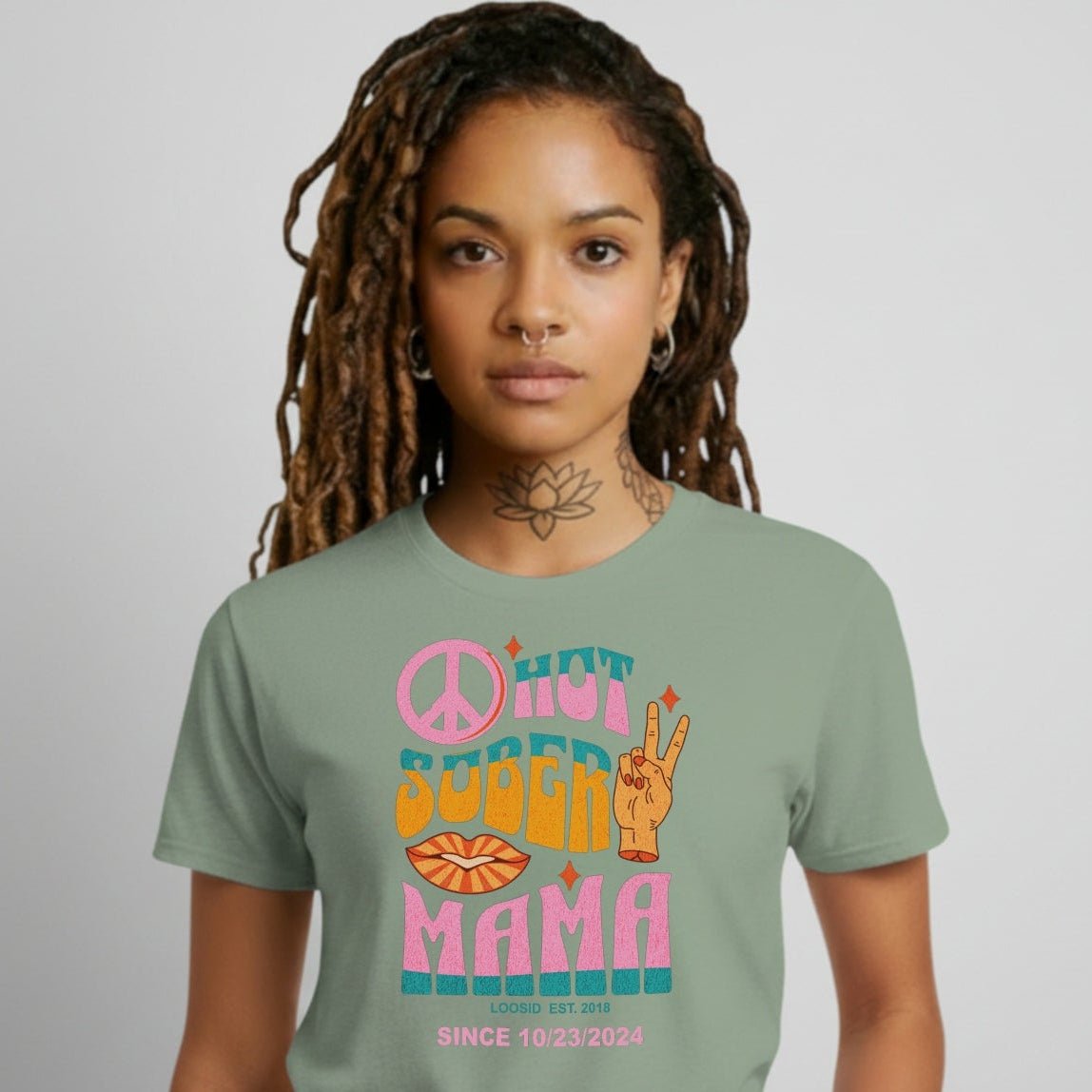 Hot Sober Mama Sober T Shirt flat lay styled image (view 13)