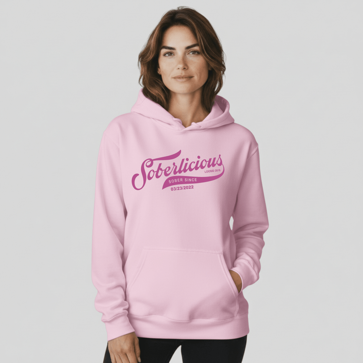 Soberlicious Recovery Hoodie flat lay styled image (view 3)