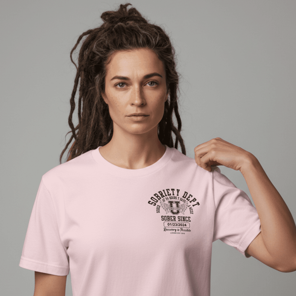 Sobriety Dept 24 7 Sober T Shirt close-up view (view 2)
