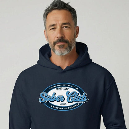 Sober Club Badge Unisex Hoodie with Custom Sobriety Date