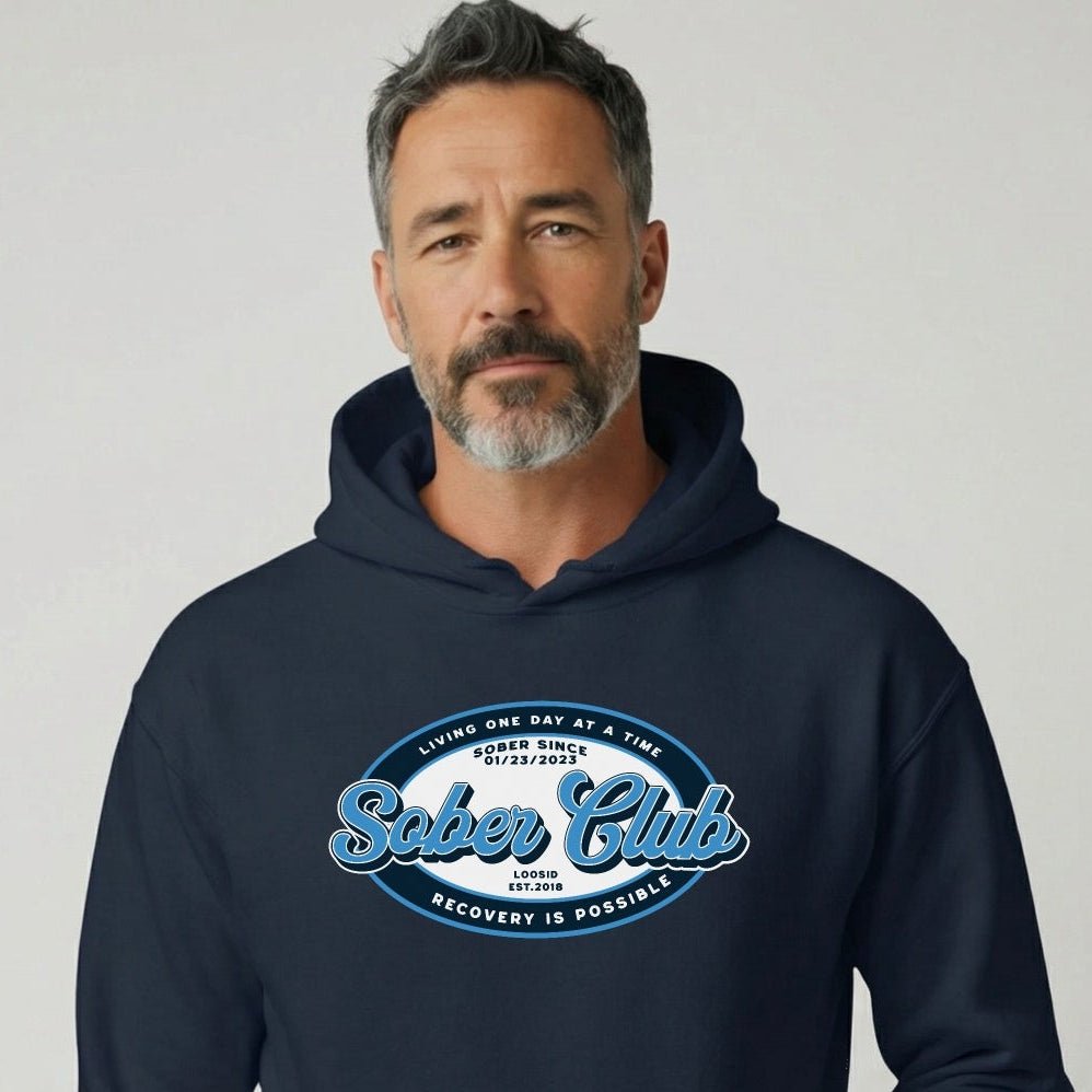 Sober Club Badge Unisex Hoodie with Custom Sobriety Date