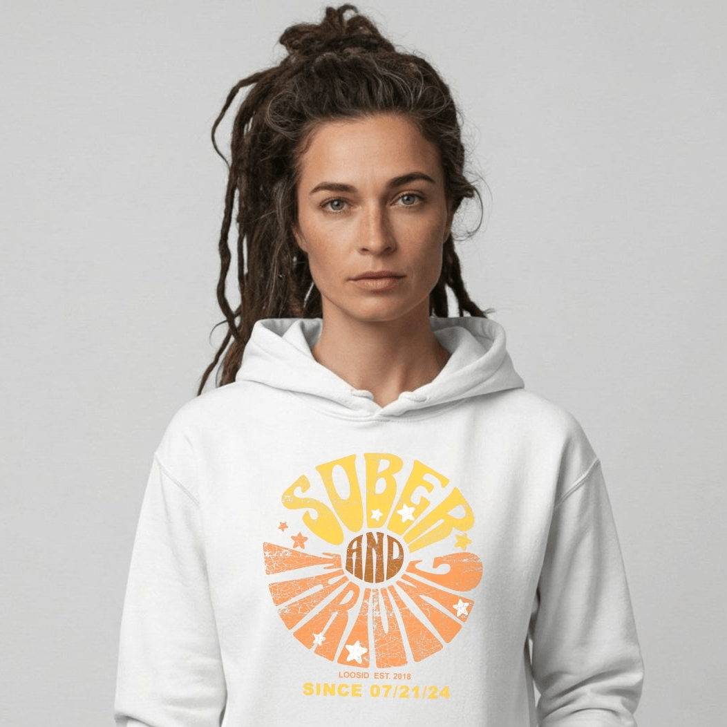 Sober & Thriving Recovery Hoodie close-up view (view 2)