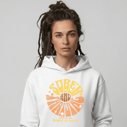 Sober & Thriving Recovery Hoodie close-up view (view 2)