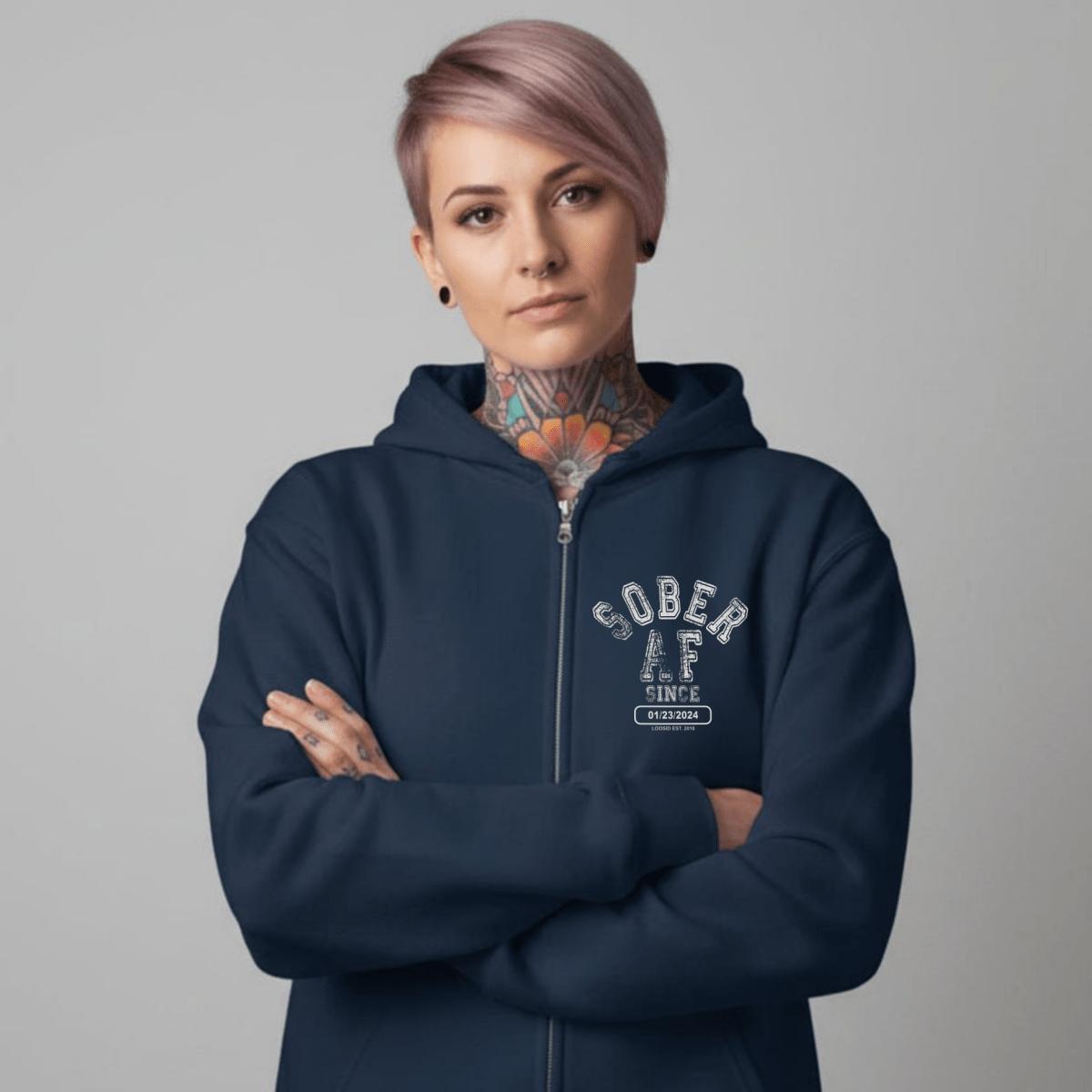 Recovery Hoodie | Sober AF Since Zip Hoodie with Custom Sobriety Date