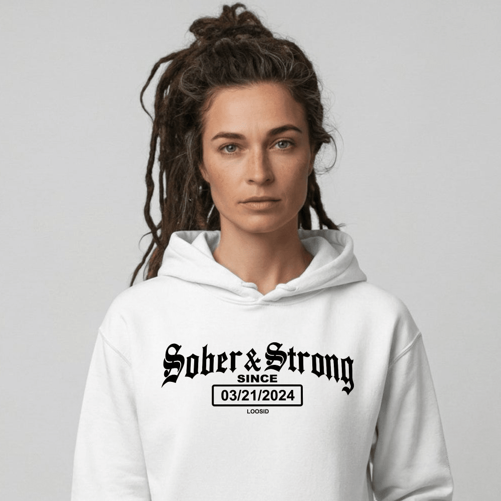 Old School Sober & Strong Recovery Hoodie lifestyle view (view 35)