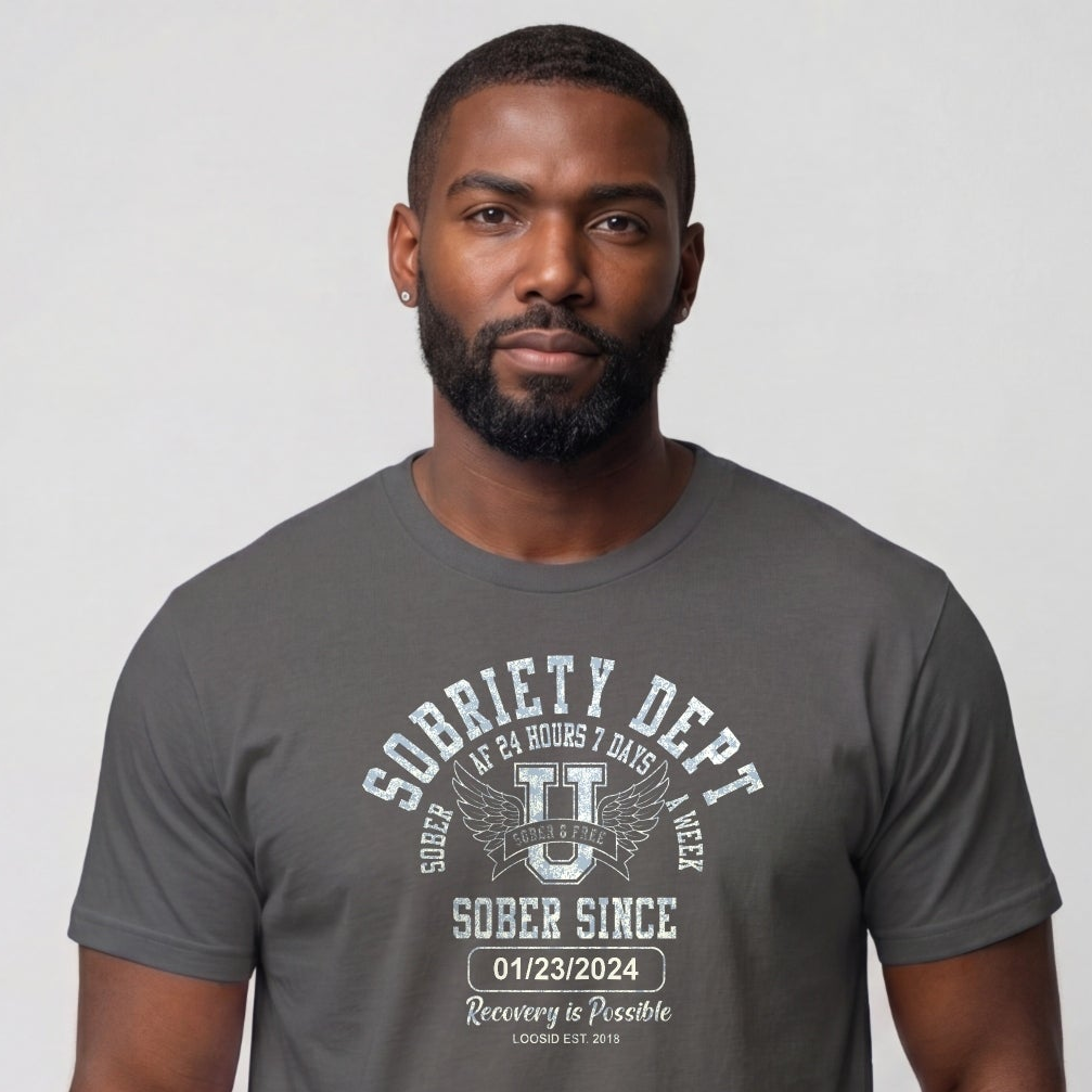 Sobriety Dept Men's T-Shirt with Custom Sobriety Date