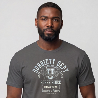 Sobriety Dept Men's T-Shirt with Custom Sobriety Date