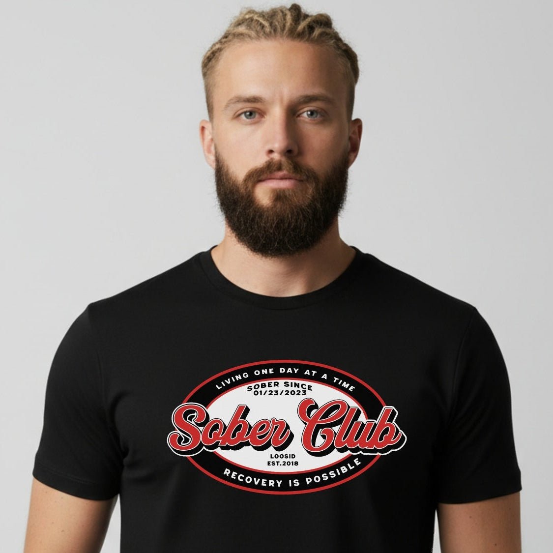 Sober Club Badge Unisex T-shirt with Custom Sobriety Date