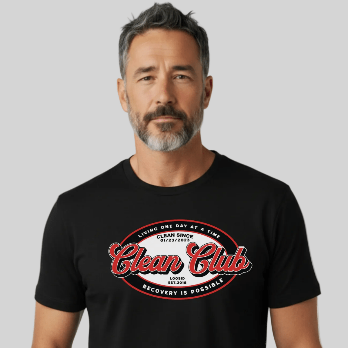 Clean Club Badge Unisex with Custom Recovery Sober T Shirt close-up view (view 2)