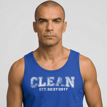 Clean Men's W Personalize Recovery Date Sober Tank Top close-up view (view 12)