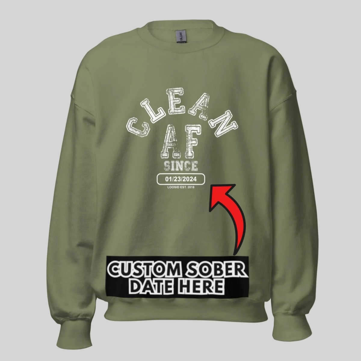Men's dark gray Loosid sober merchandise sweatshirt with Clean AF Since personalized sobriety design — Loosid