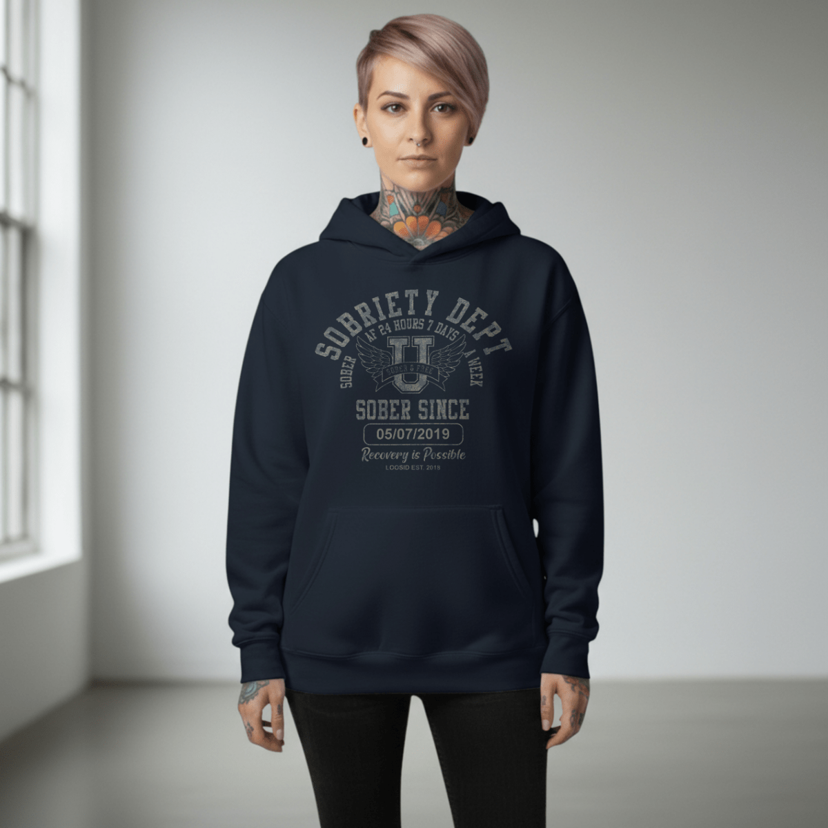 Recovery Hoodie | Sobriety Dept Sober AF 24/7 Unisex Hoodie with Custom Sobriety Date