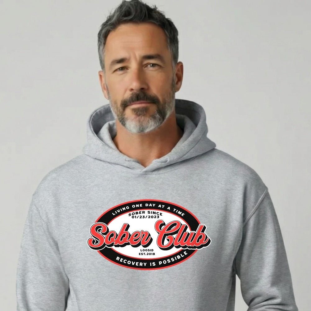 Sober Club Badge Unisex Hoodie with Custom Sobriety Date