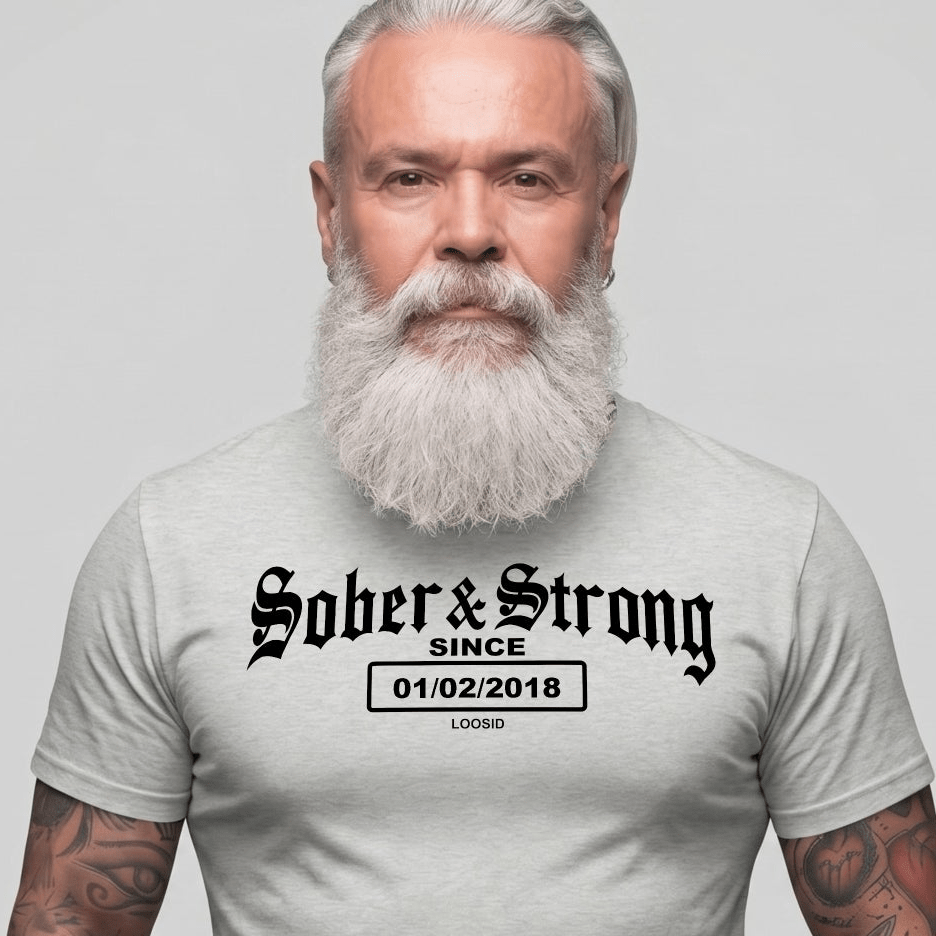 Old School Sober & Strong Sober T Shirt close-up view (view 2)