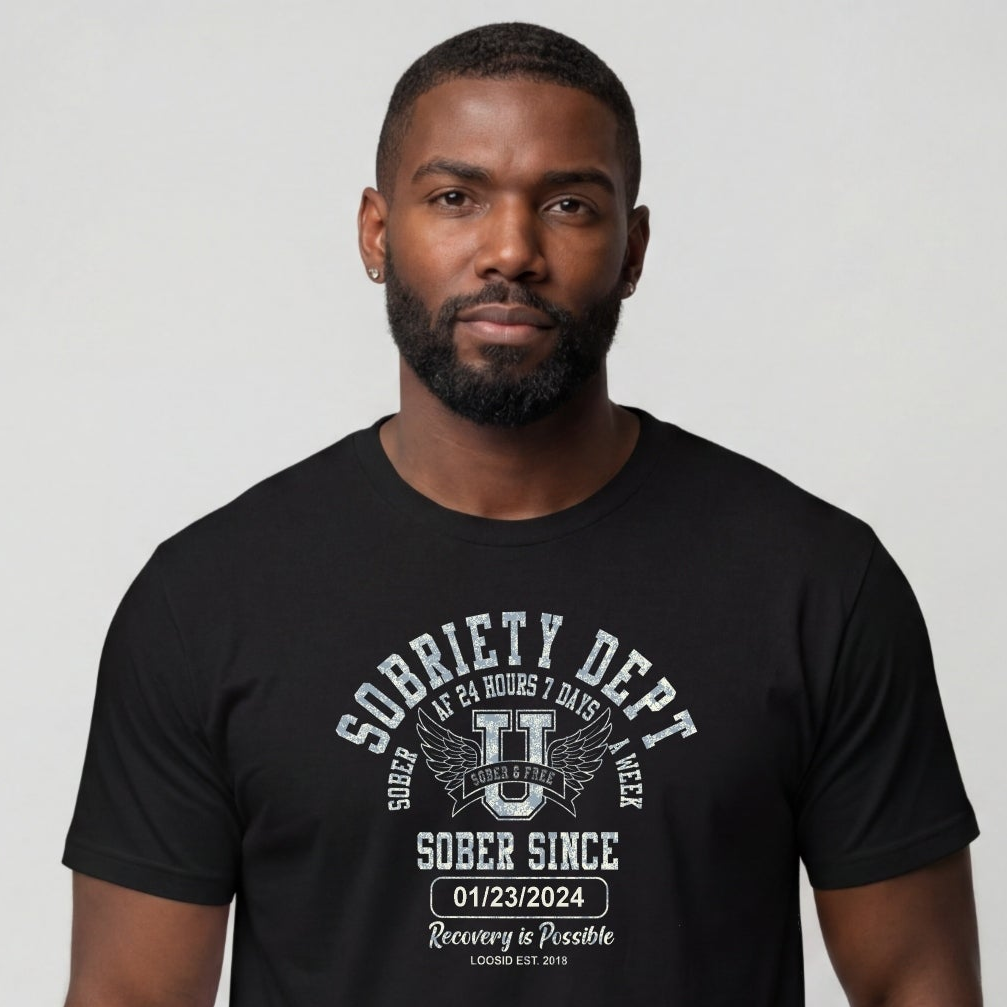 Sobriety Dept Men's T-Shirt with Custom Sobriety Date