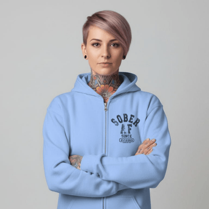 Recovery Hoodie | Sober AF Since Zip Hoodie with Custom Sobriety Date