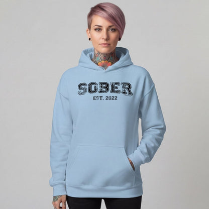 Sober Est. Hoodie w Personalized Sobriety Year Recovery Hoodie flat lay styled image (view 23)