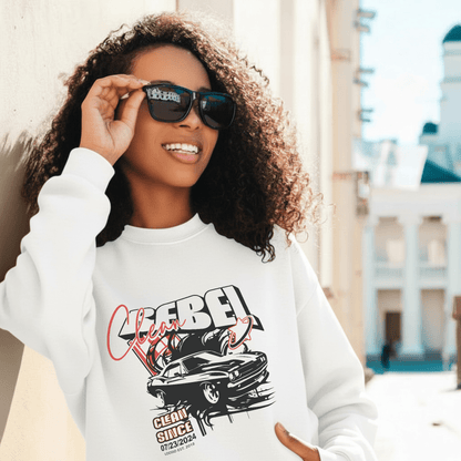 Women's white Loosid Clean Rebel sobriety sweatshirt with vintage Recovery graphic and custom Clean Since date — Loosid