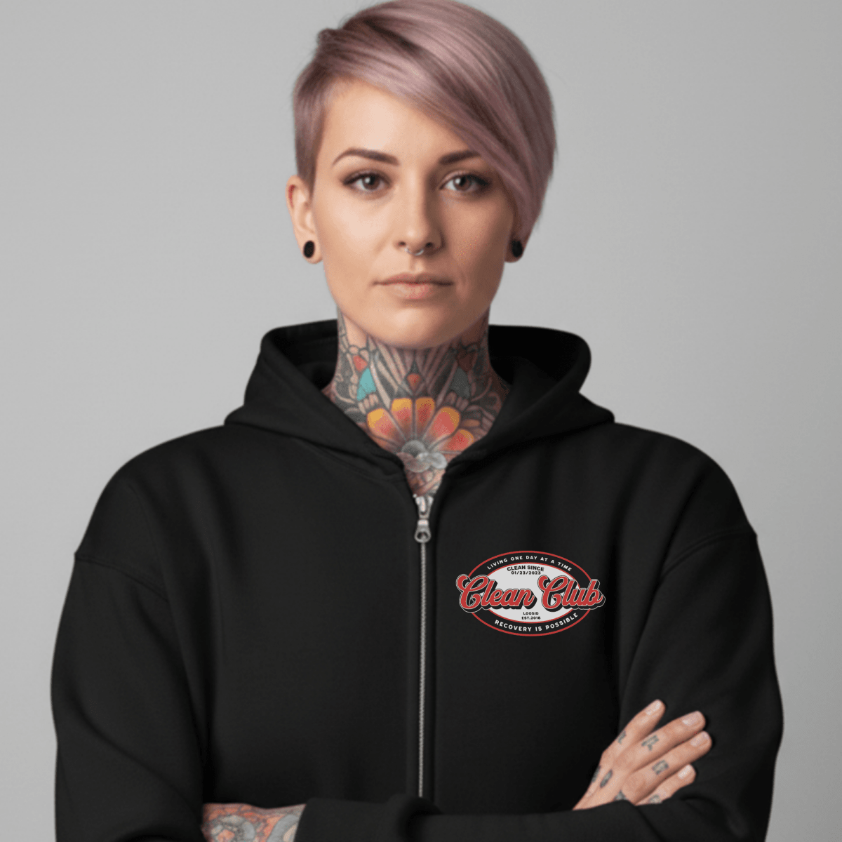 Clean Club Badge Left Chest Print Unisex Zip Recovery Hoodie graphic detail (view 4)