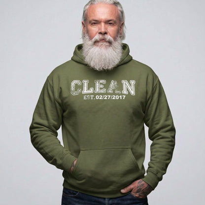 Clean Collegiate Hoodie W Personalize Recovery Date Recovery Hoodie graphic detail (view 4)