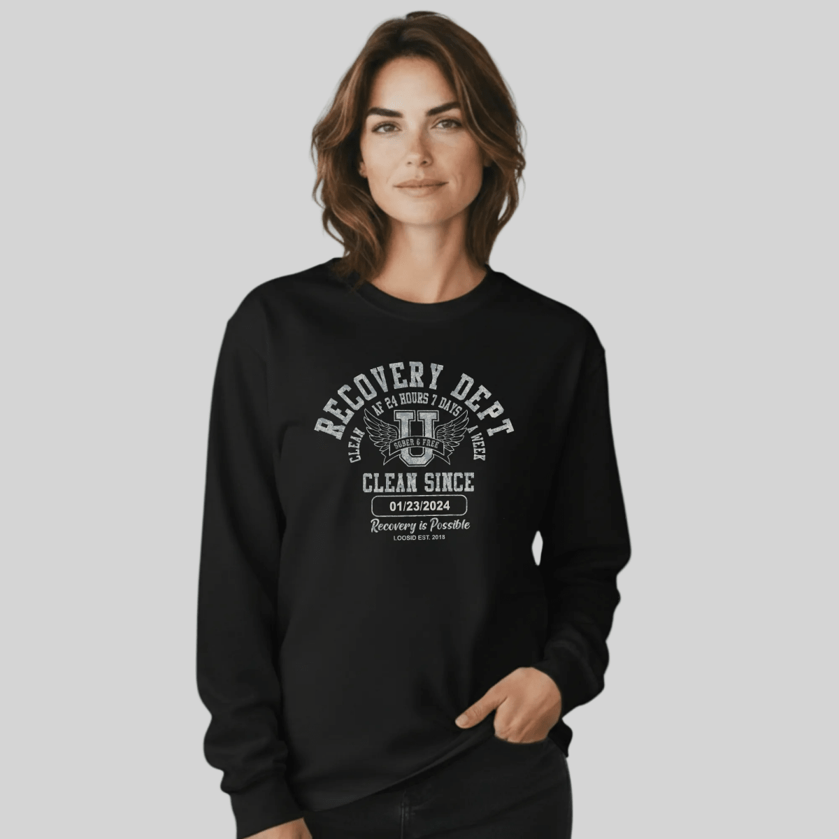Recovery Dept 24/7 Long Sleeve T-shirt with Custom Recovery Date | Clean Shirt