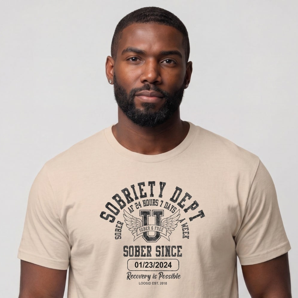 Sobriety Dept Men's T-Shirt with Custom Sobriety Date