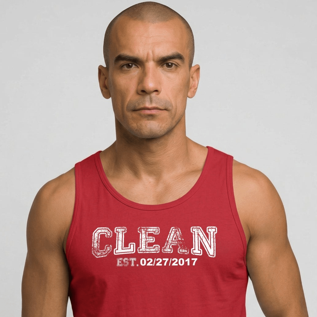 Clean Men's W Personalize Recovery Date Sober Tank Top fit detail (view 9)