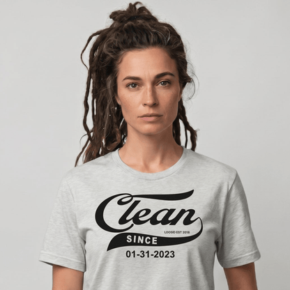 Clean Since Sober T Shirt flat lay styled image (view 23)