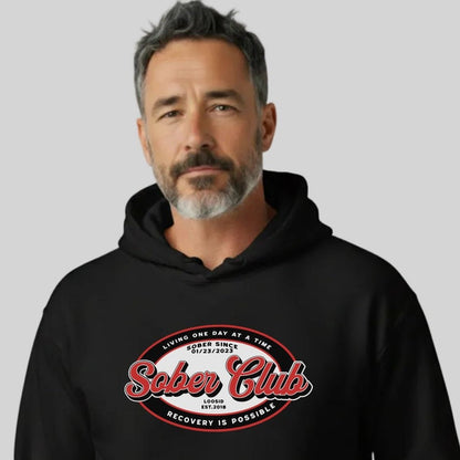 Sober Club Badge Unisex Hoodie with Custom Sobriety Date