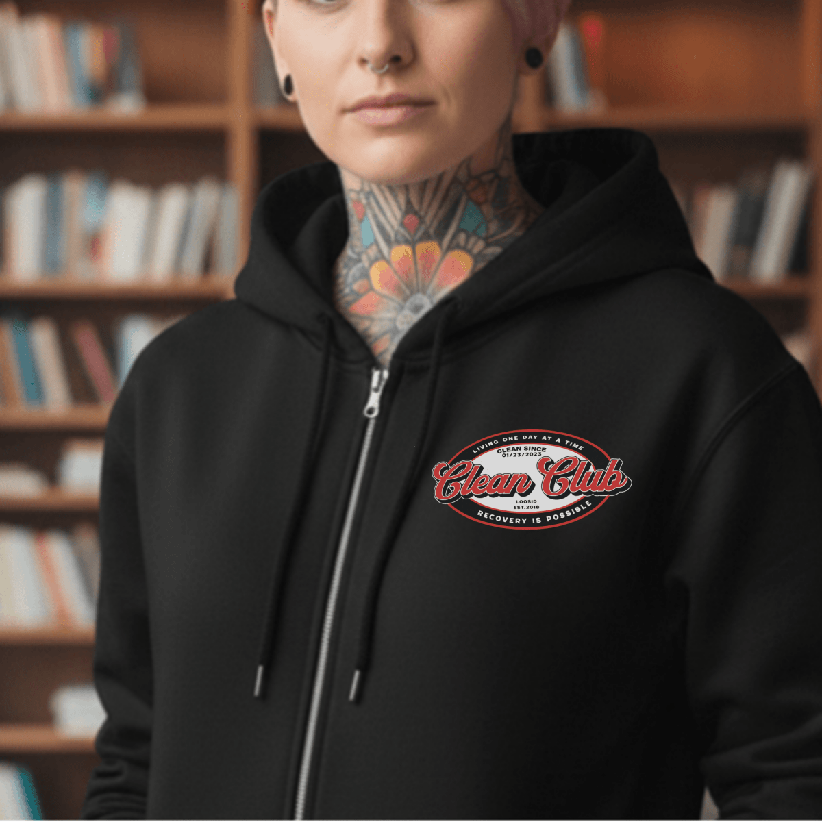 Clean Club Badge Left Chest Print Unisex Zip Hoodie with Custom Recovery Date